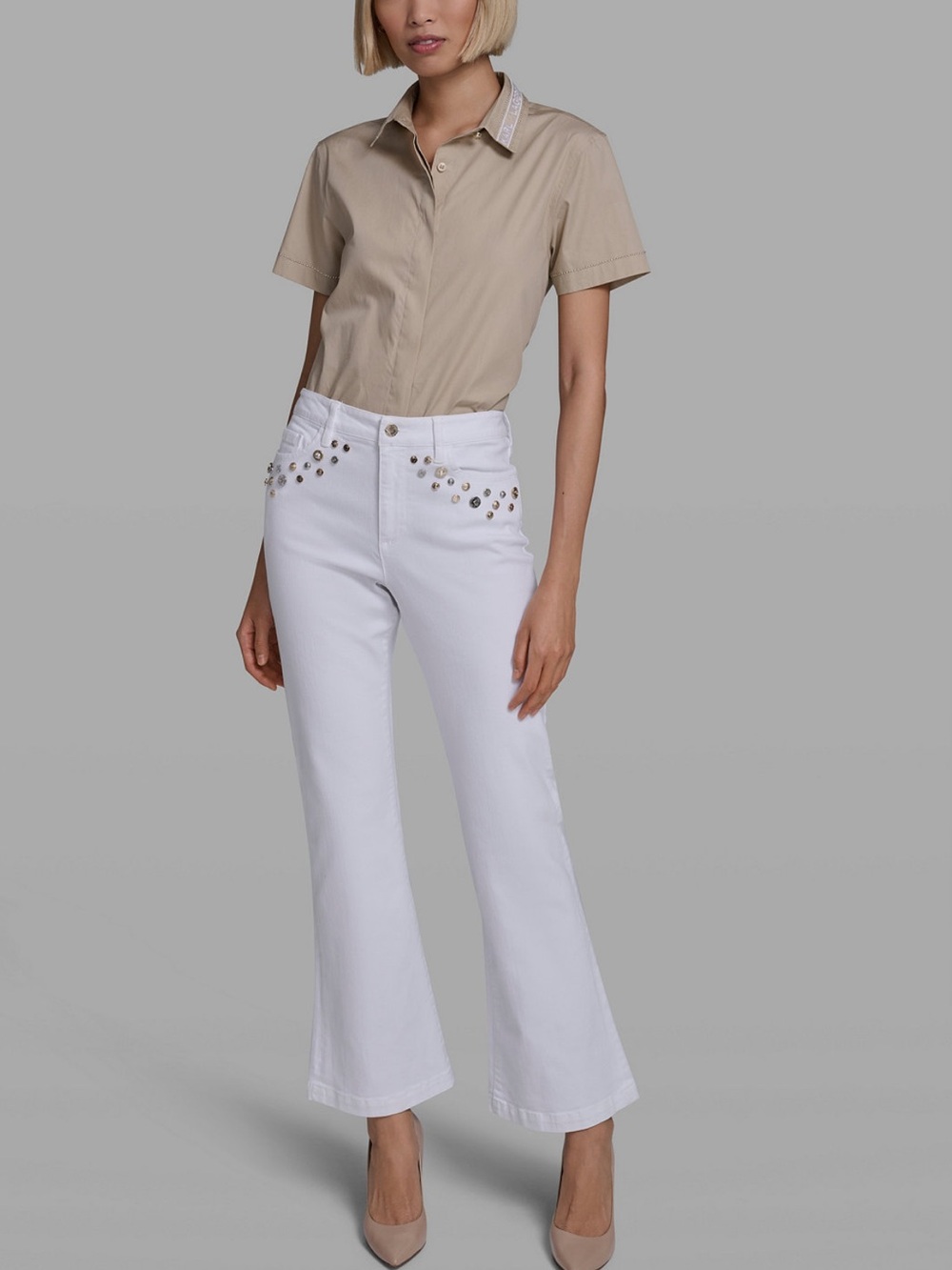 Karl Lagerfeld High-Rise White Studded Flare Jeans 🆕
